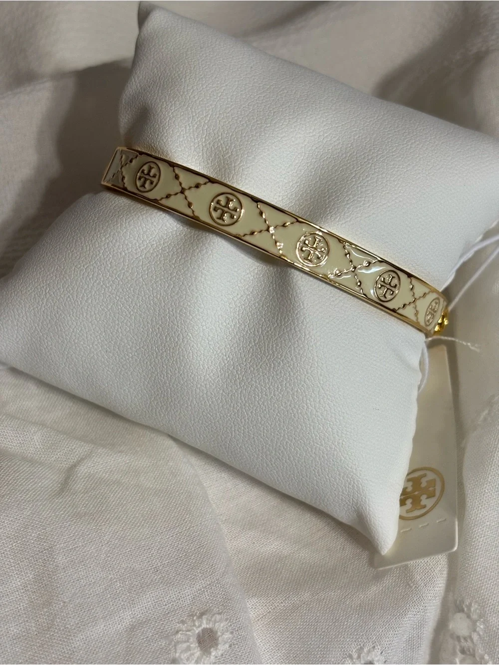 Tory Burch Gold and Cream Enamel Logo Bangle